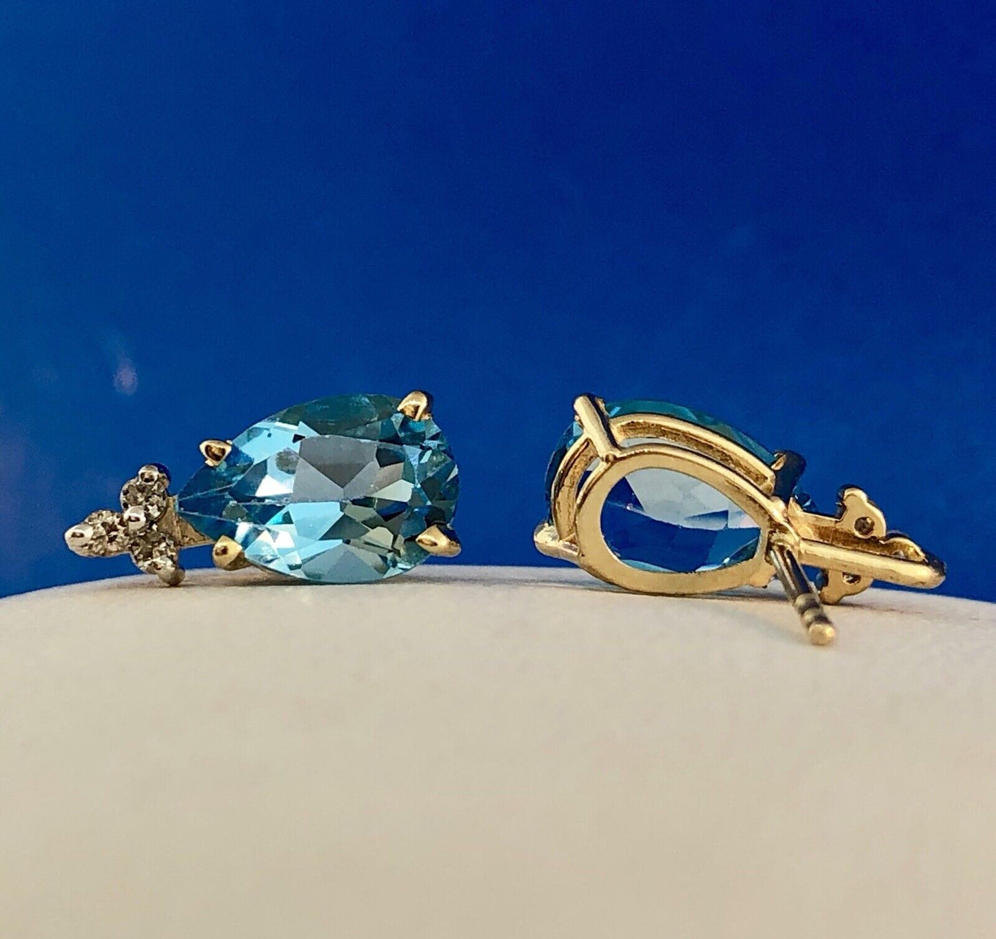 14K Yellow Gold Swiss Blue Topaz Diamond December Anniversary Pear Stud Earrings