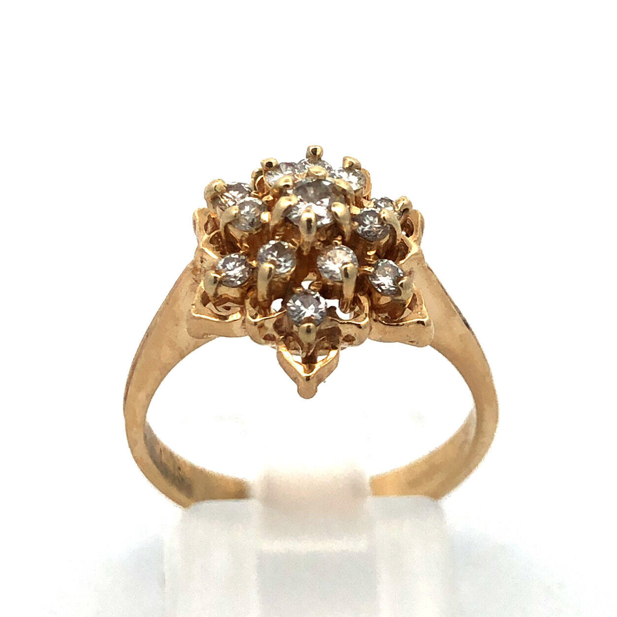 Vintage 14K Yellow Gold Round Diamond Cluster Flower Cocktail Ring