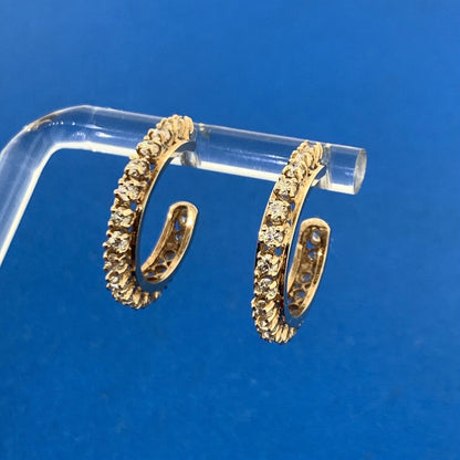 Estate 14K Yellow Gold Round Cubic Zirconia CZ 7/8" Hoop Stud Earrings