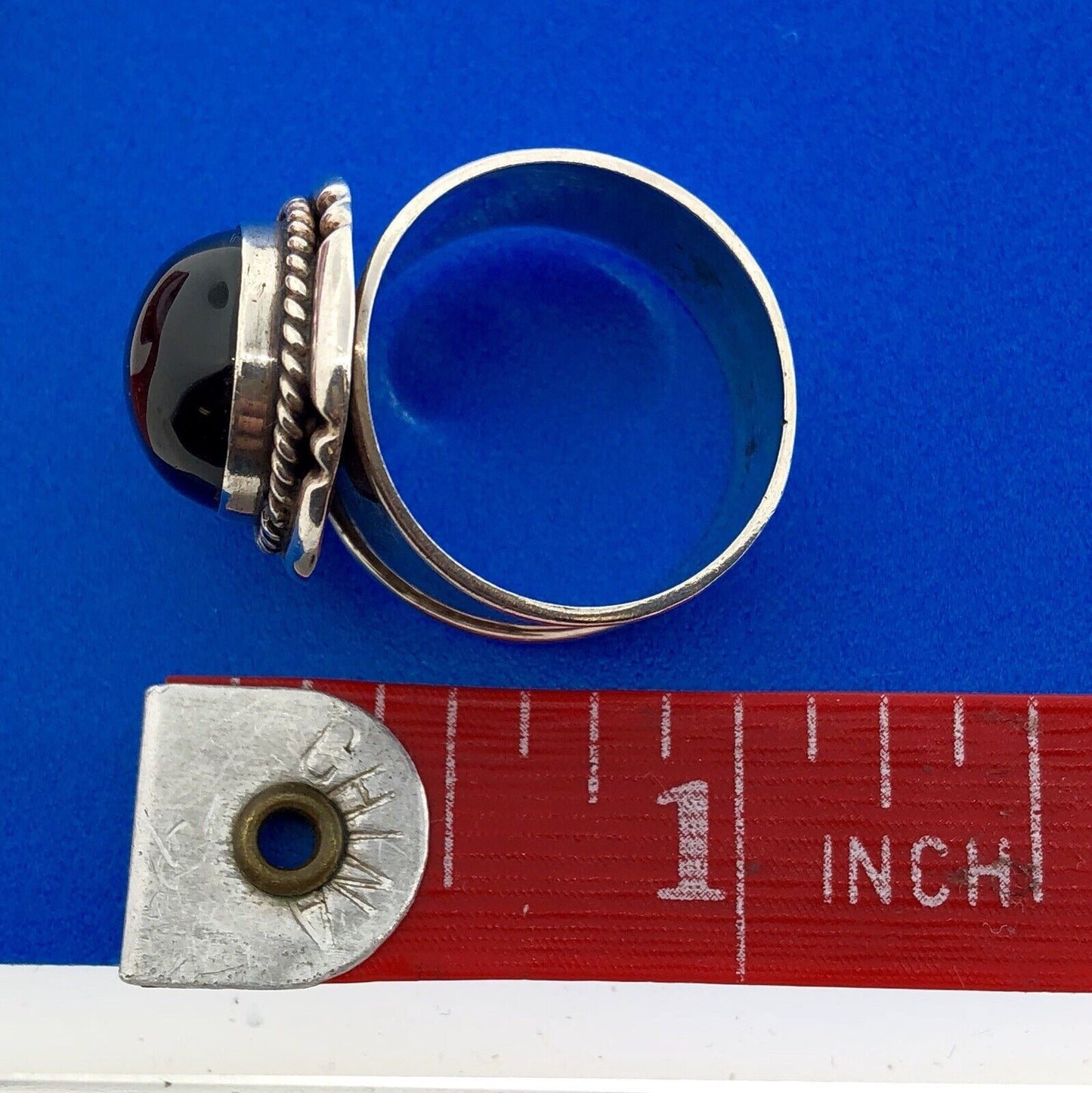 Designer Sterling Silver 925 Black Onyx Concho Style Wide Cigar Band Dome Ring