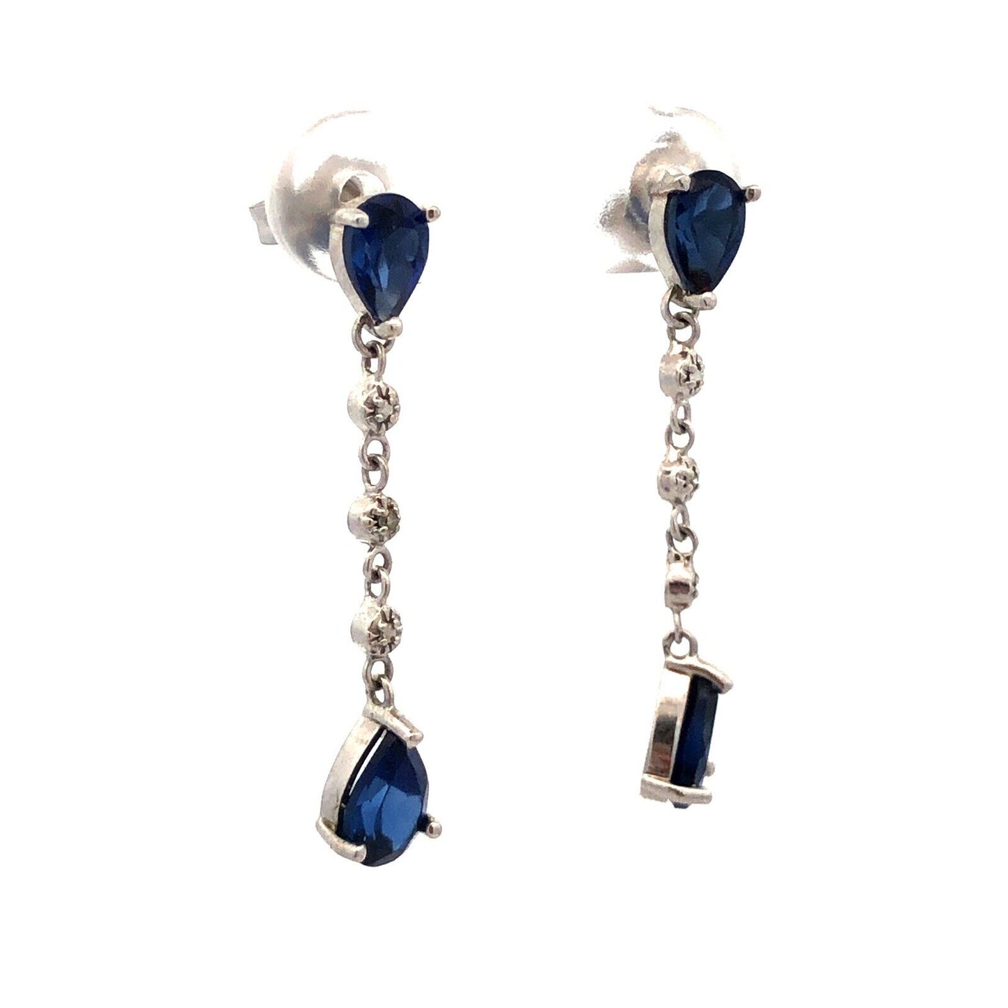 Designer 10K White Gold Pear Cut Blue Sapphire Diamond Drop Dangle Stud Earrings