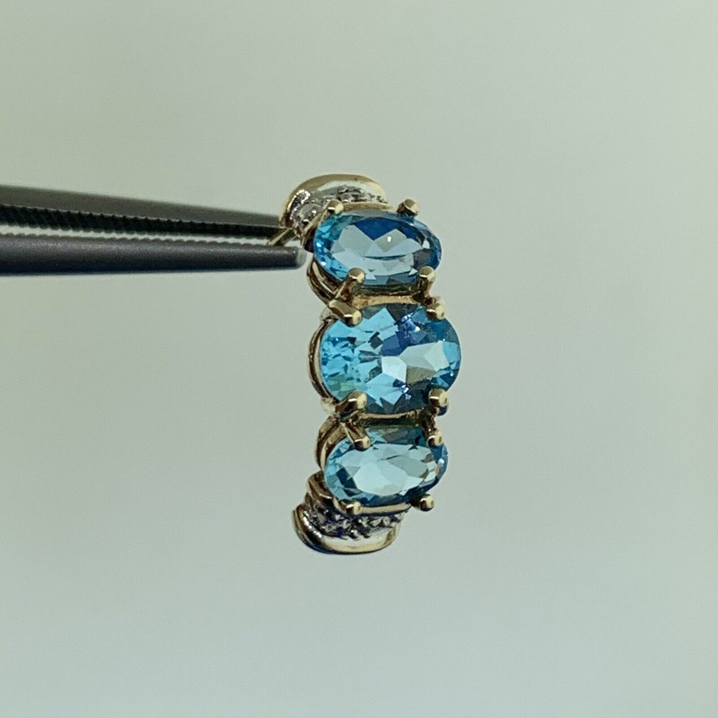 Designer 10K Yellow Gold Oval Blue Topaz Diamond Accented Half Hoop Earrings