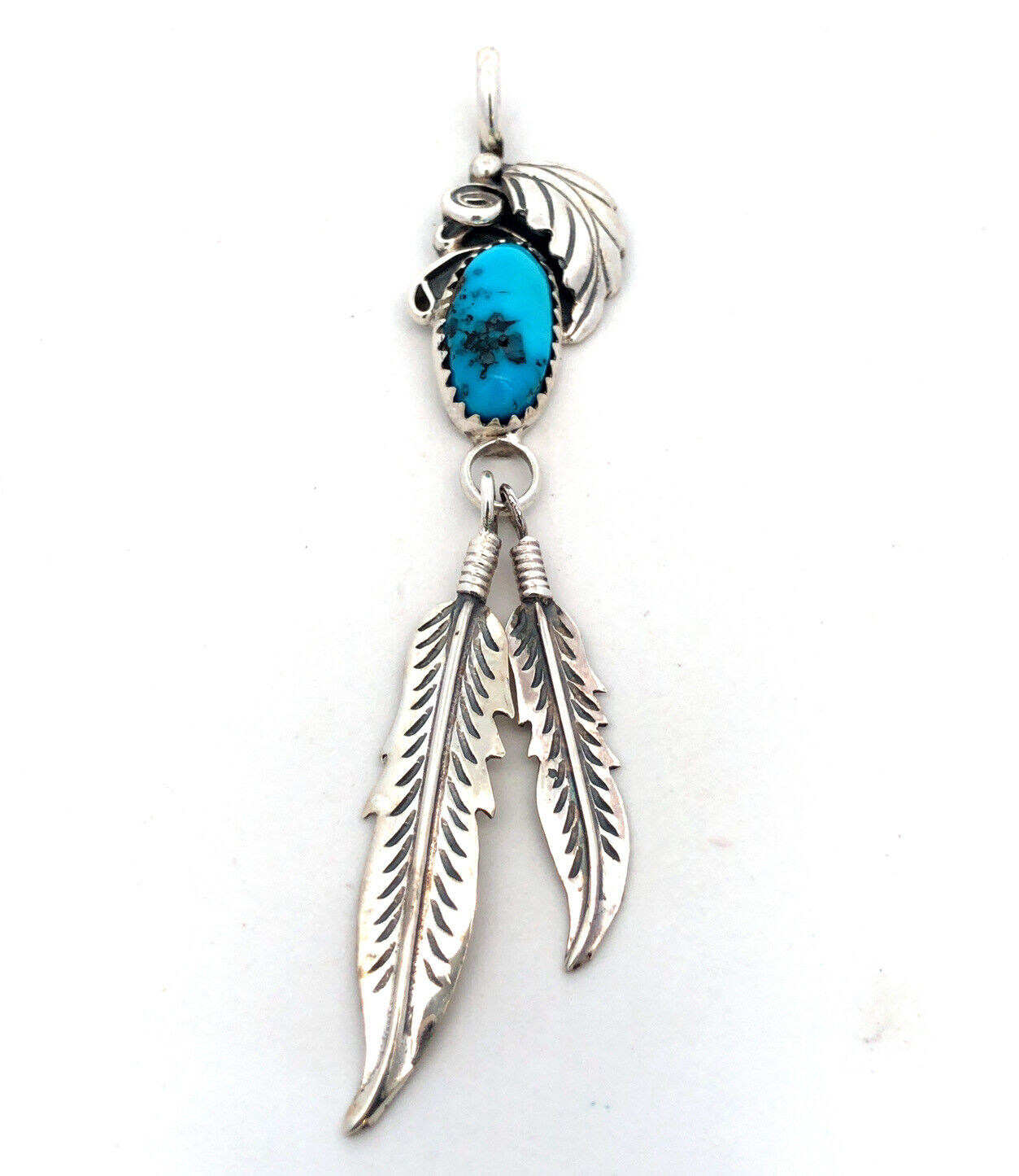 Native American Signed 925 Sterling Silver Turquoise Squash Blossom Pendant