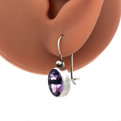 Designer 925 Sterling Silver Oval Purple Amethyst Hook Dangle Earrings