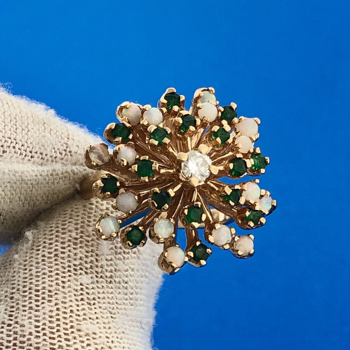 Gorgeous 14k Yellow Gold Diamond Emerald Opal Flower Cluster Ring Size 5.25