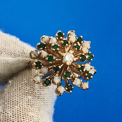 Gorgeous 14k Yellow Gold Diamond Emerald Opal Flower Cluster Ring Size 5.25