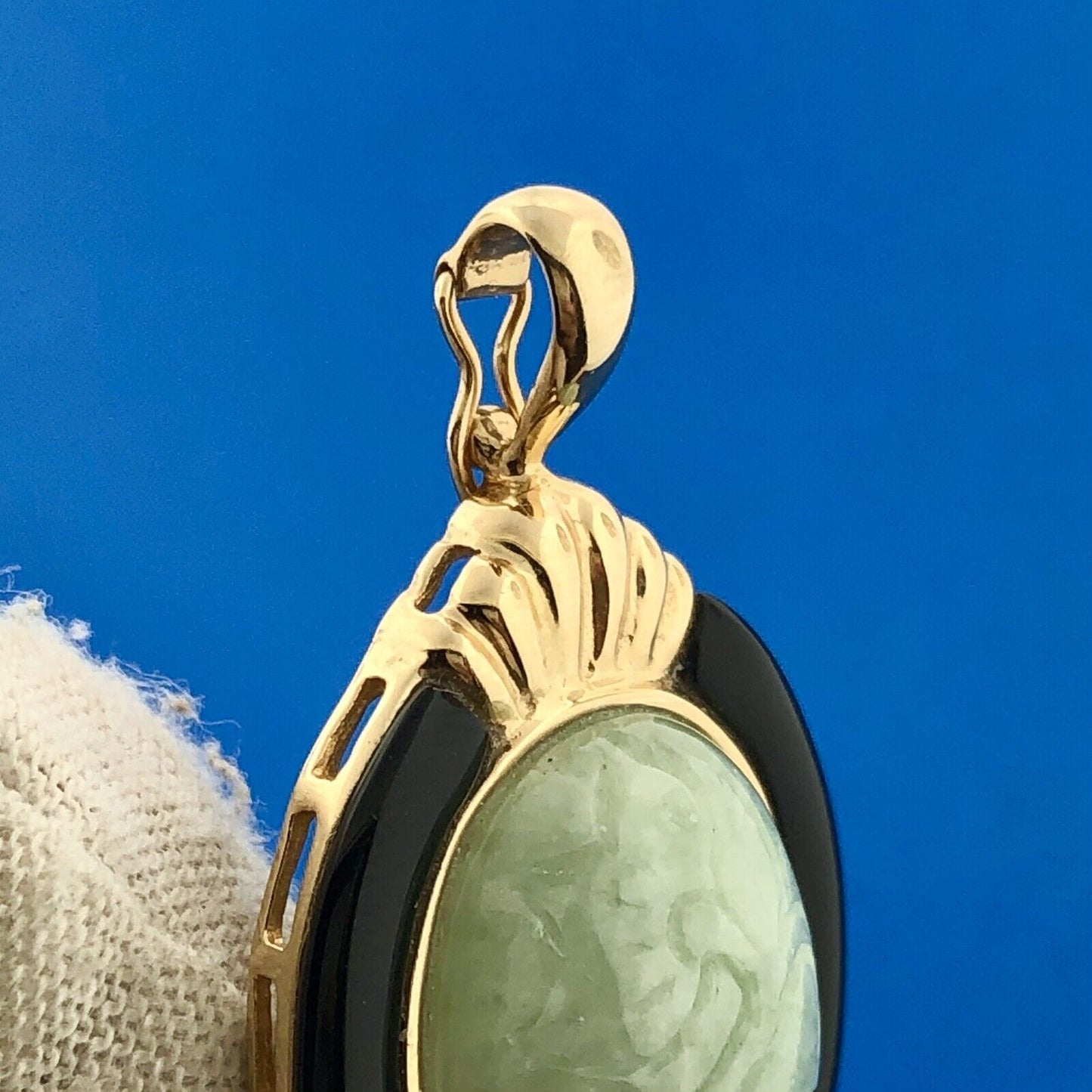 14K Yellow Gold Carved Jade Black Onyx Accented Oval Enhancer Pendant