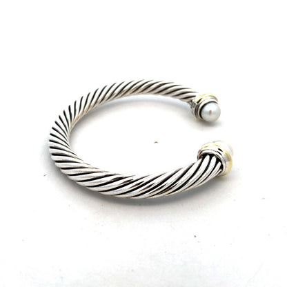 925 Sterling Silver David Yurman 14K Gold Pearl Classic Cable Cuff Bracelet