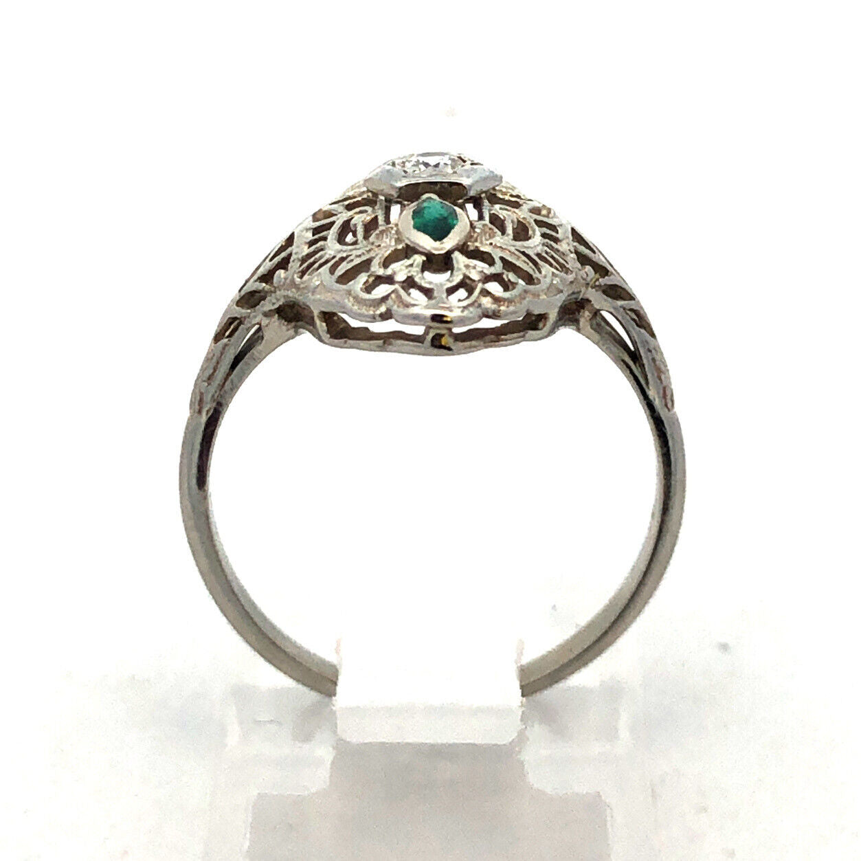 Designer Art Deco 14K White Gold Diamond Emerald Accent Filigree Cocktail Ring