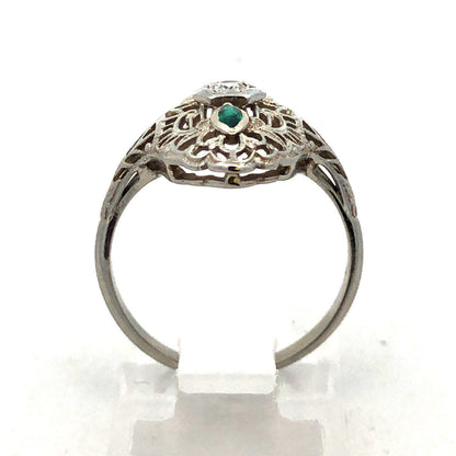 Designer Art Deco 14K White Gold Diamond Emerald Accent Filigree Cocktail Ring