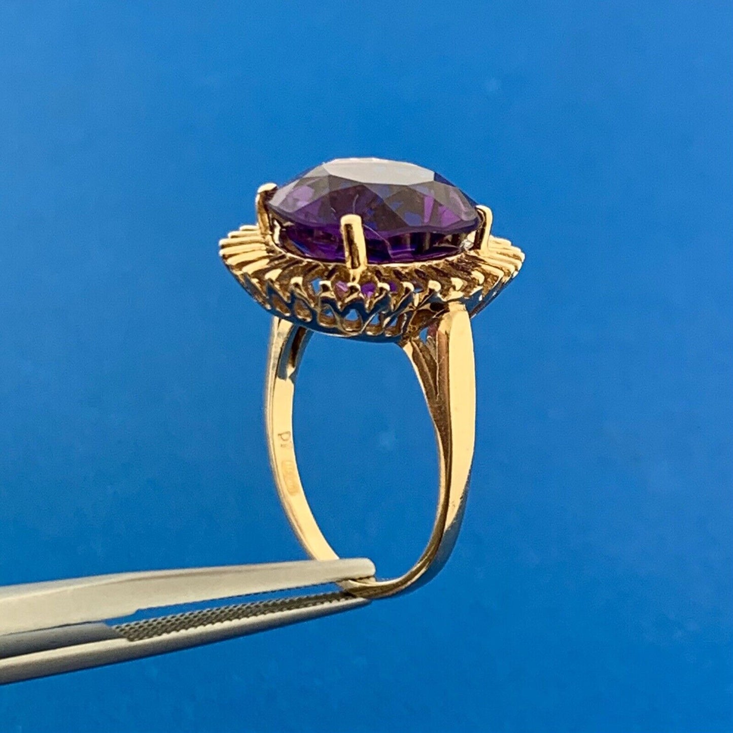 Mid Century 14k Yellow Gold Round Amethyst February Anniversary Statement Ring