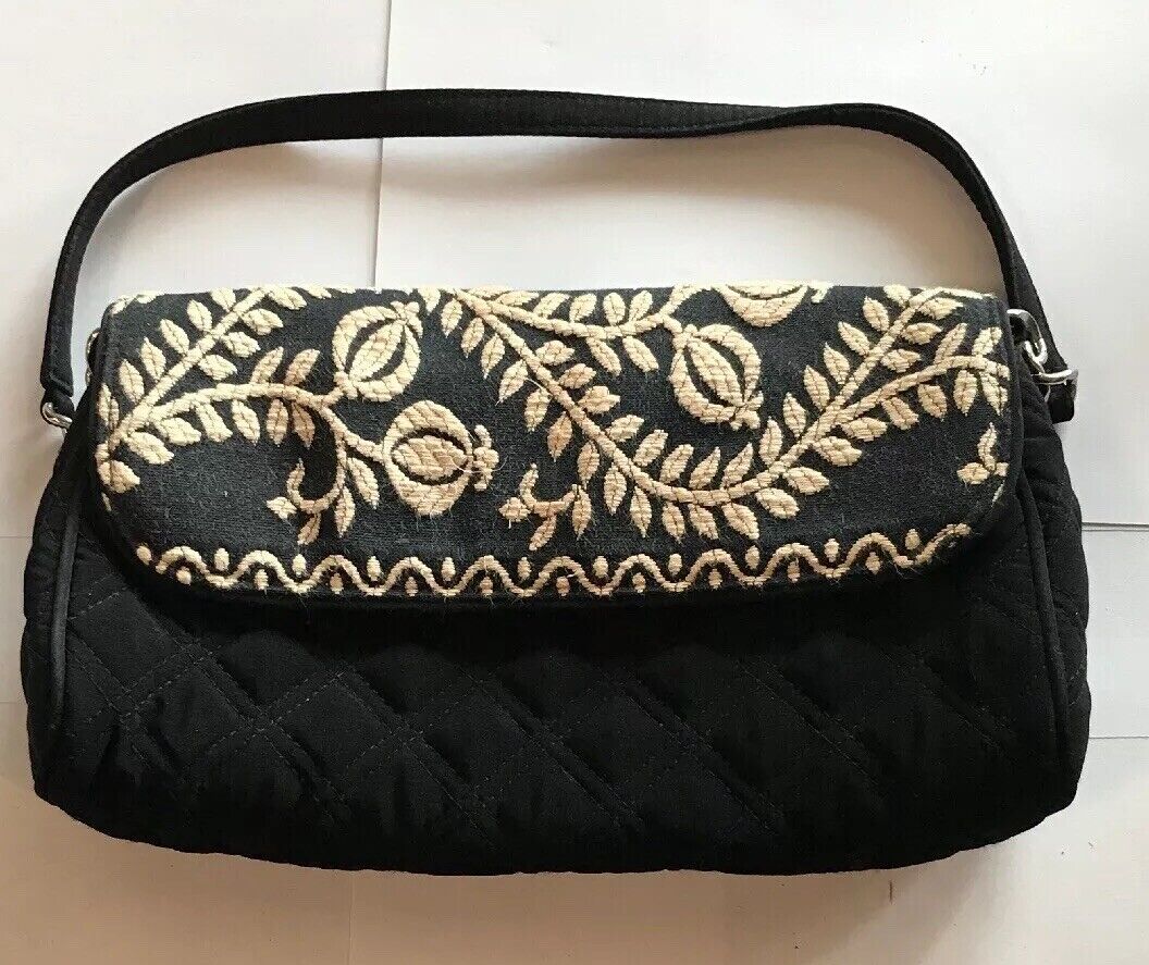 Vera Bradley Black Quilted Microfiber White Embroidered Clutch With Straps