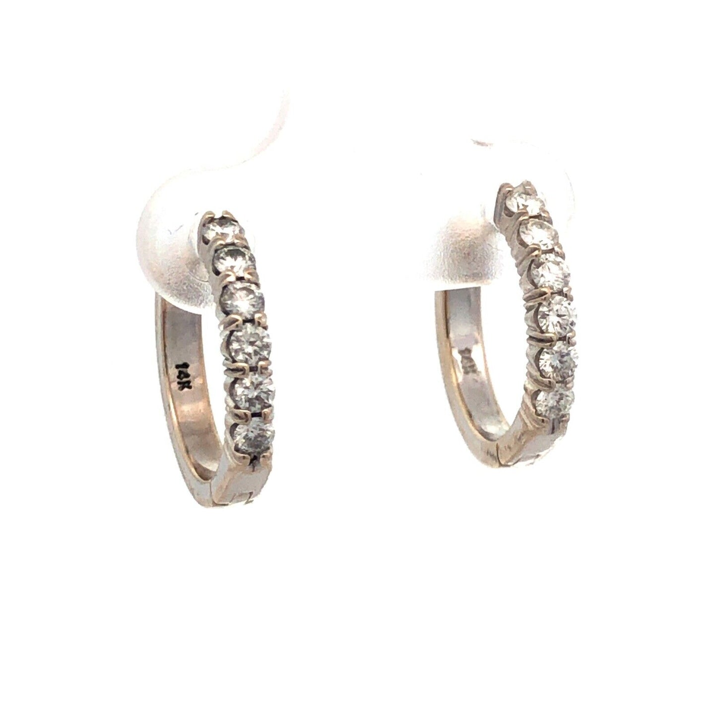 14K White Gold Round Diamond Hinged Huggie Hoop Earrings