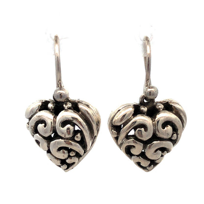 Vintage 925 Sterling Silver Scroll Swirl Puffy Heart Hook Dangle Earrings
