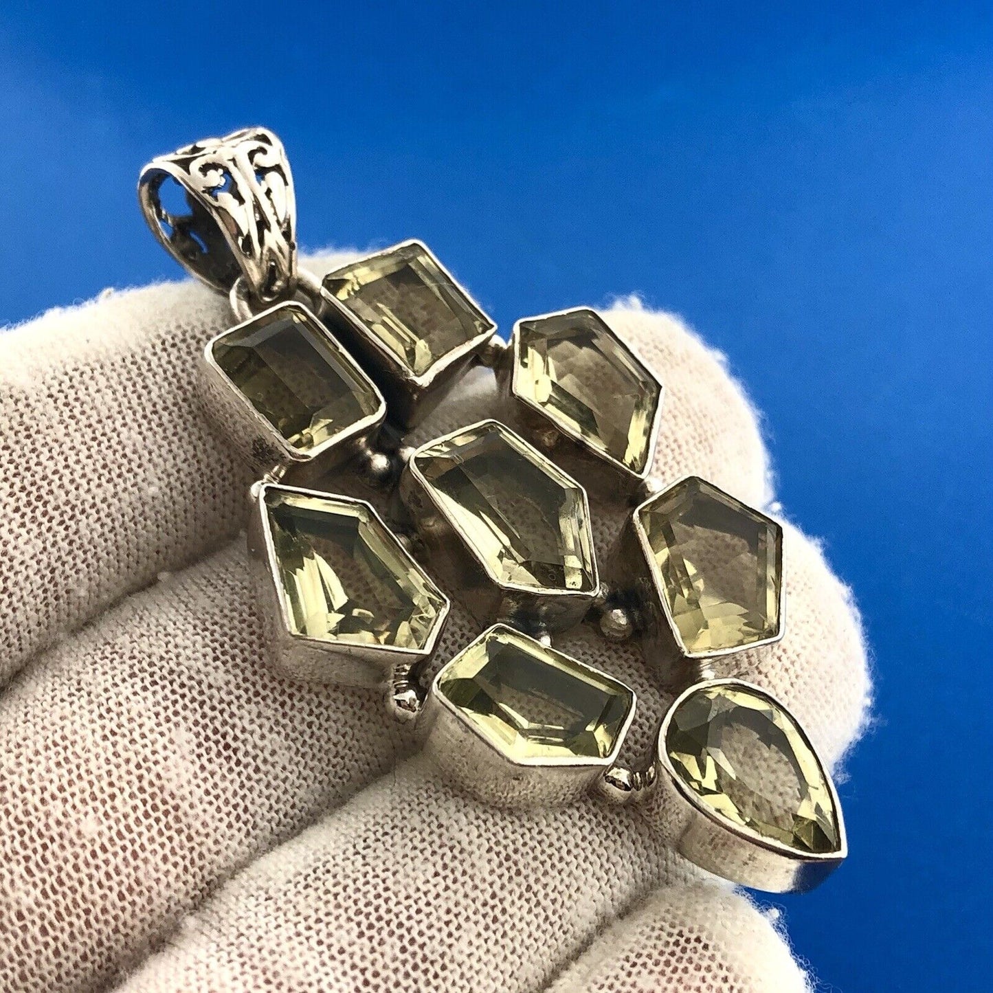 Retro Modernist 925 Sterling Silver Green Amethyst Multi Panel Chunky Pendant