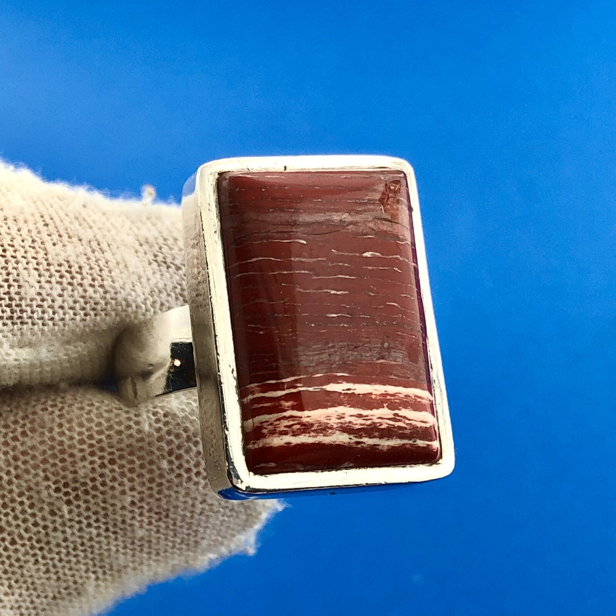 Sterling Silver 925 Banded Red Jasper Rectangular Modernist Statement Ring