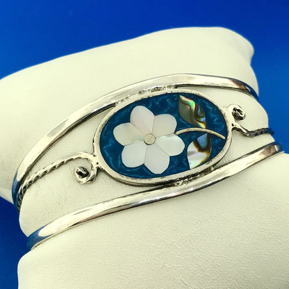 Alpaca Mexican Silver Plated Mother of Pearl Flower Inlay 6.25" Cuff Bracelet