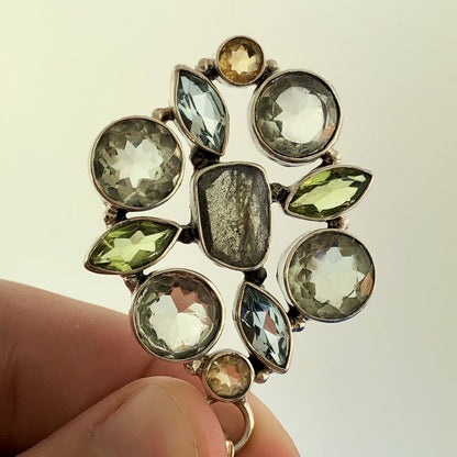 Retro 925 Sterling Silver Multi Colored Shaped Gemstone Oval Statement Pendant