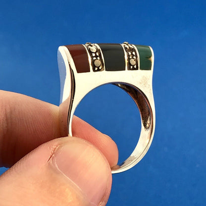 Retro Designer ND 925 Sterling Silver Green Black Onyx Carnelian Marcasite Ring