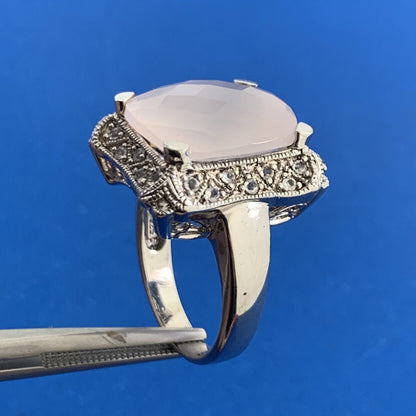 Estate Cushion Cut Rose Quartz Sterling Silver Diamond Accents Statement Ring