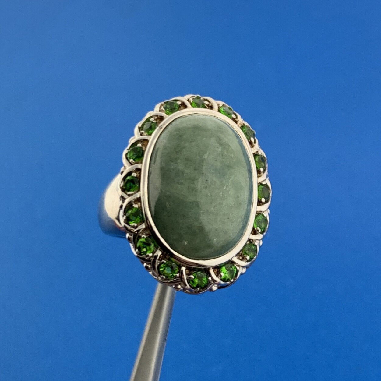 Designer Sterling Silver 925 Jade Green CZ Protection Harmony Statement Ring