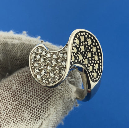 Designer Sterling Silver 925 CZ Marcasite Modernist Statement Cocktail Ring