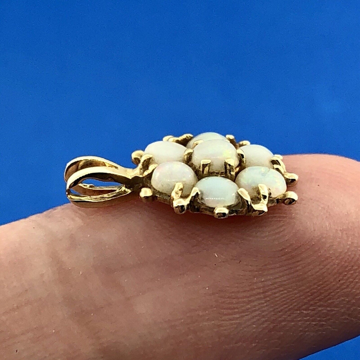 Vintage 14K Yellow Gold Opal Flower Cluster October Anniversary Charm Pendant