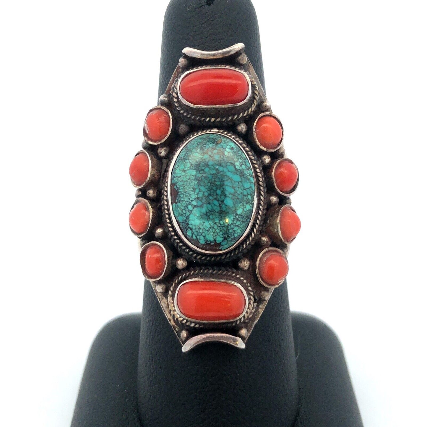 Old Pawn Unsigned 925 Sterling Silver Turquoise Coral Statement Finger Ring