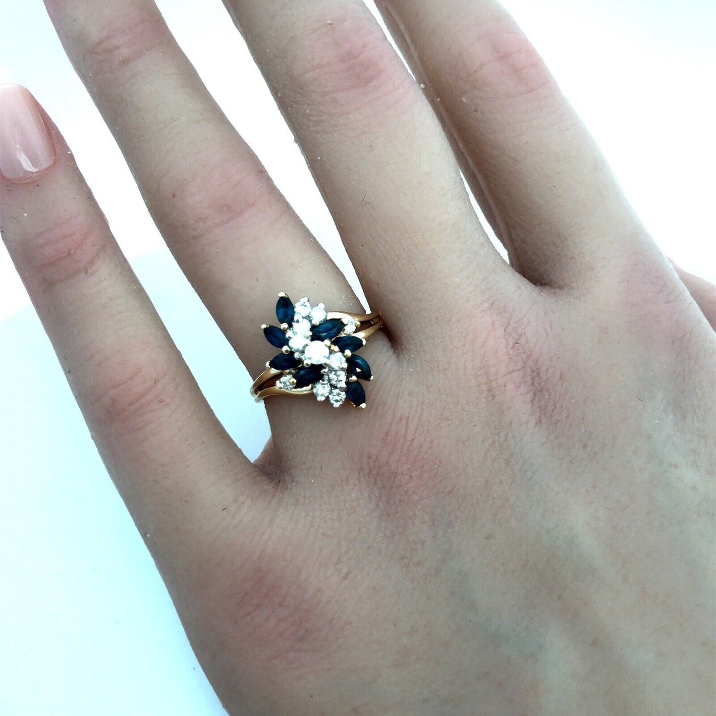 Designer 14K Yellow Gold Diamond Sapphire Wave Waterfall Cluster Cocktail Ring