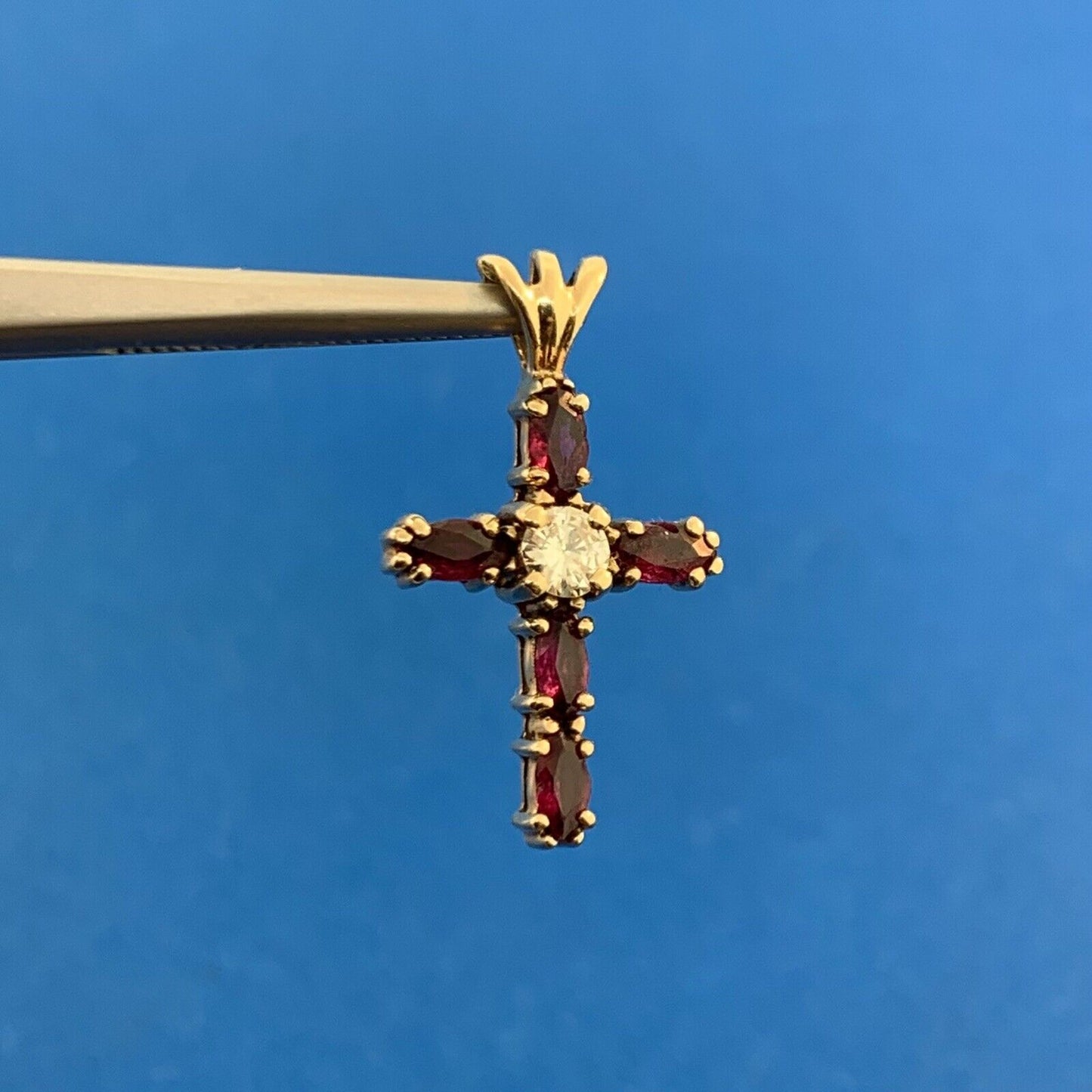 14K Yellow Gold Ruby Diamond Cross July Communion Easter Pendant
