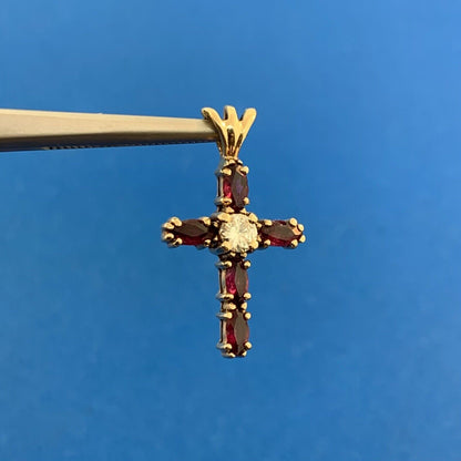 14K Yellow Gold Ruby Diamond Cross July Communion Easter Pendant