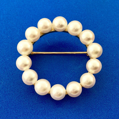 Vintage 14K Yellow Gold 6 MM Pearl Wreath Pin Brooch Pendant