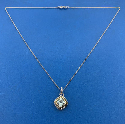 Designer T&C 925 Sterling Silver 14K Yellow Gold Square Blue Topaz Necklace