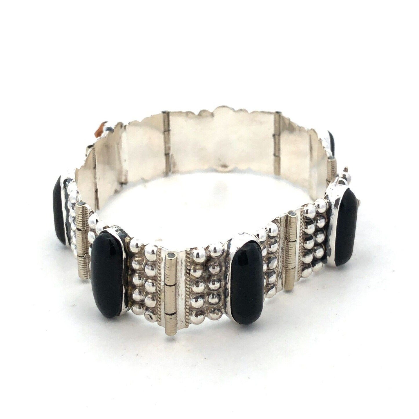 Modernitst Taxco Sterling Silver Oval Black Onyx Cabochon Beaded Panel Bracelet