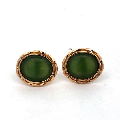 Estate 14K Yellow Gold Oval Green Jade Cabochon Ribbed Bezel Stud Earrings