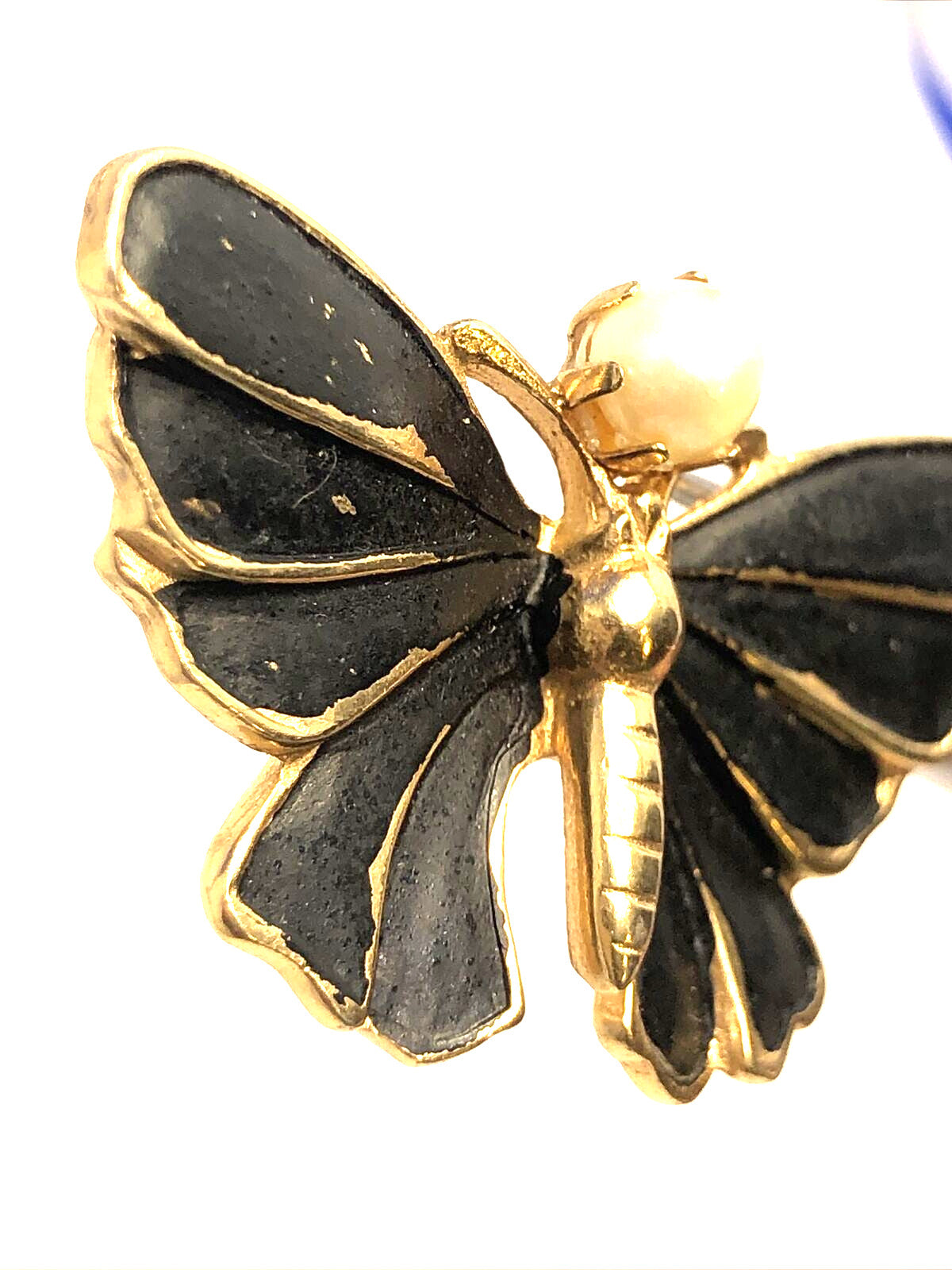 Vintage Designer Kramer Gold Tone Faux Pearl Black Enamel Moth Butterfly Brooch