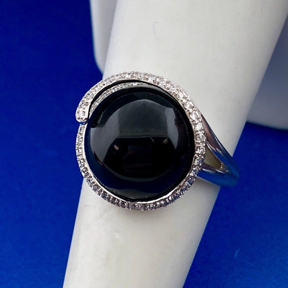 Vintage Modernist 14K White Gold Black Onyx Diamond Snake Swirl Cocktail Ring