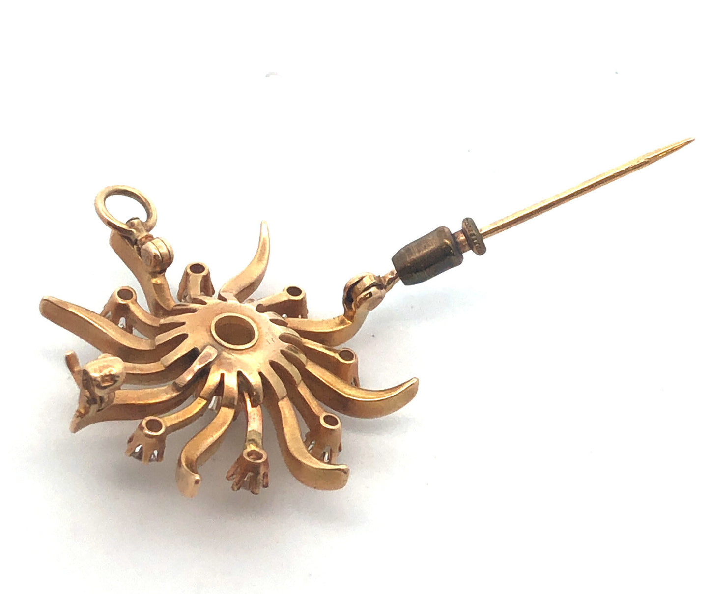 Designer Art Deco 14K Yellow Gold Diamond Pin Brooch Pendant
