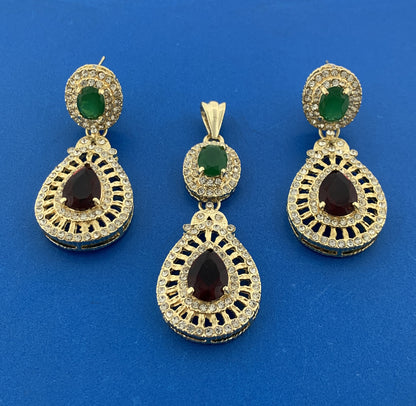 Designer FY Gold Tone Red Green Glass Crystal Rhinestone Pendant Earrings Set