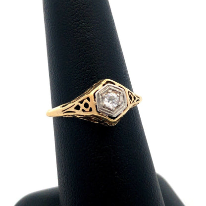 Vintage  14K Yellow Gold Round Diamond Solitaire Art Deco Engagement Ring