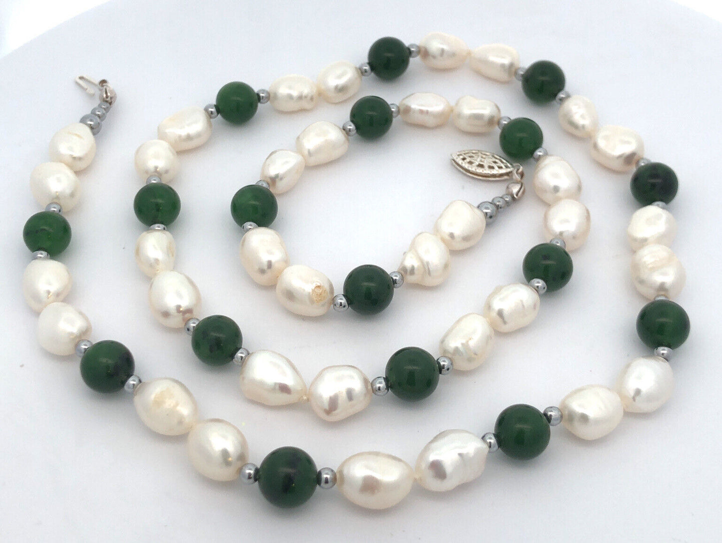 Designer 925 Sterling Silver Pearl Jade Beaded Statement Necklace