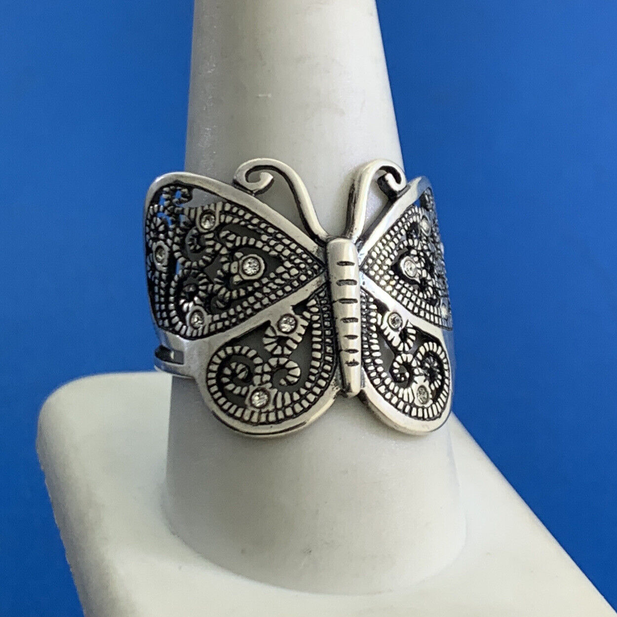 925 Sterling Silver Designer Filigree Cubic Zirconia CZ Butterfly Finger Ring