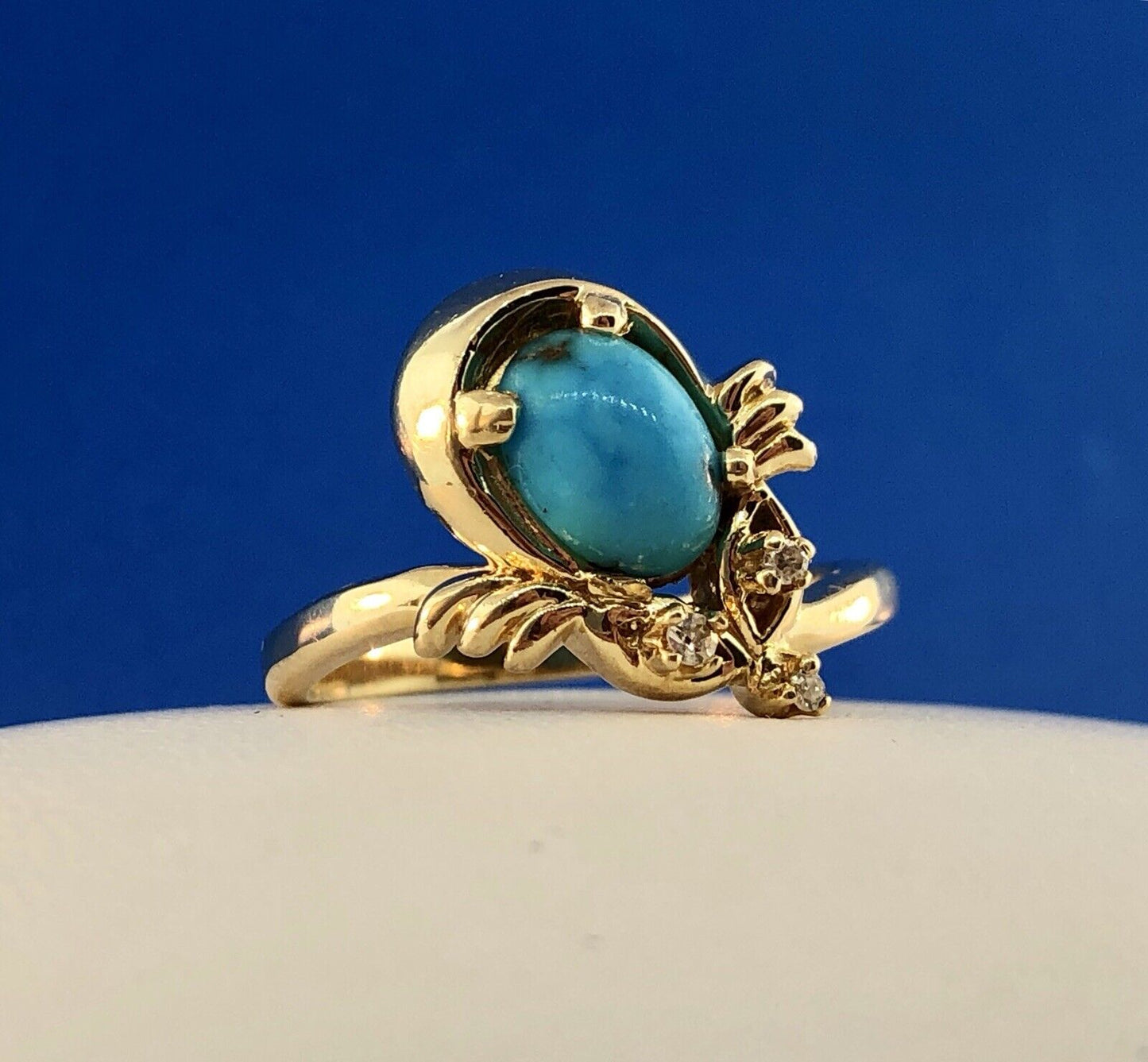 Vintage 14K Yellow Gold Diamond Turquoise Free Form Cocktail Ring