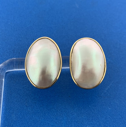 Designer 14K Yellow Gold Oval Mabe Pearl Statement Stud Earrings