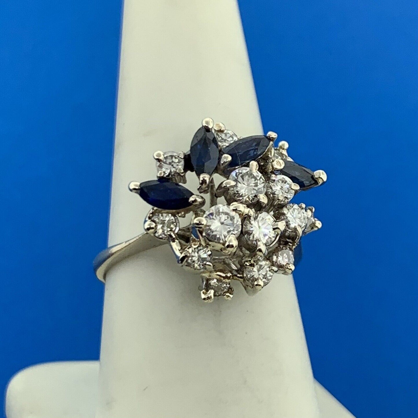 14K White Gold Diamond Sapphire Cluster Statement Anniversary Cocktail Ring