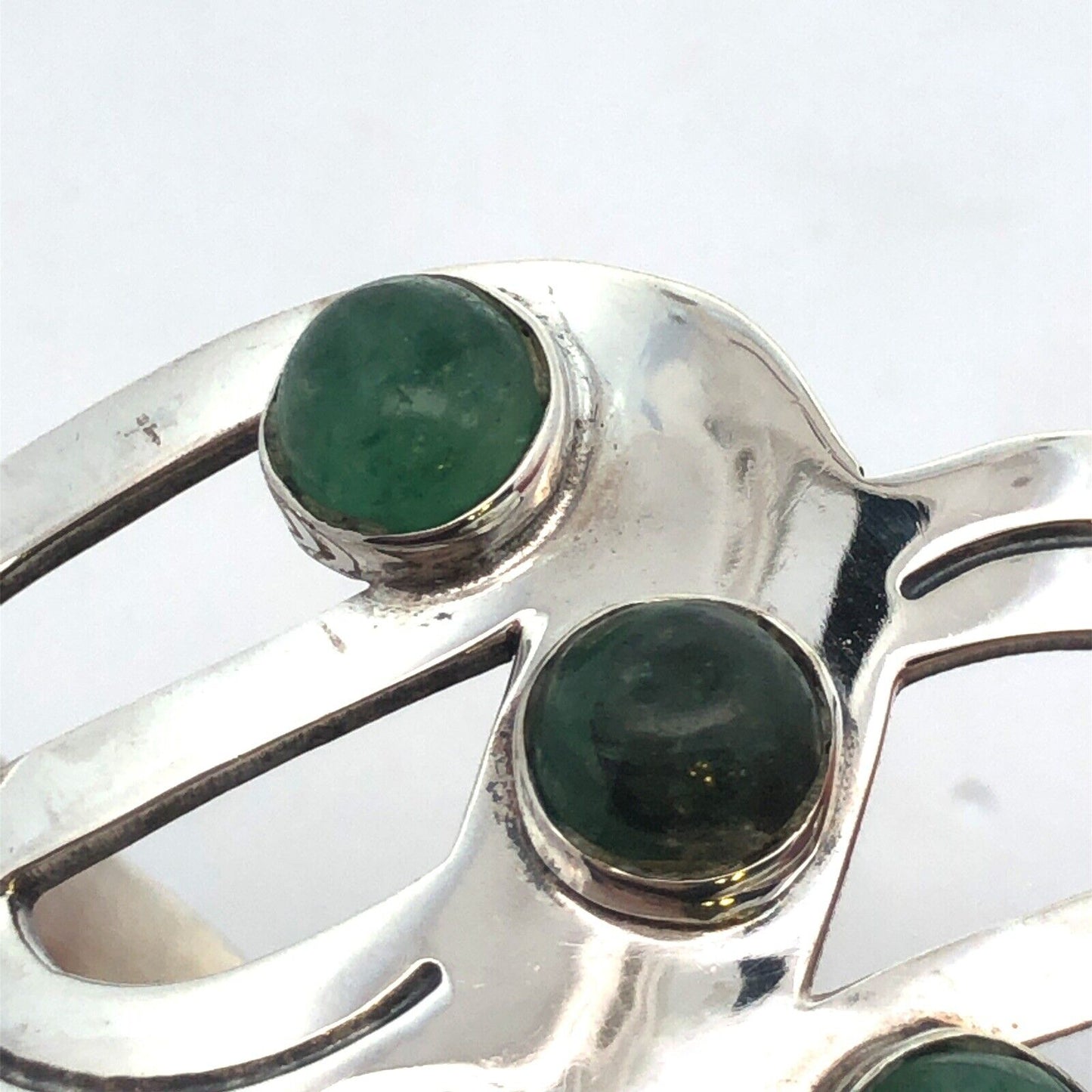 Mid Century Taxco 925 Sterling Silver Modernist Green Tourmaline Cuff Bracelet