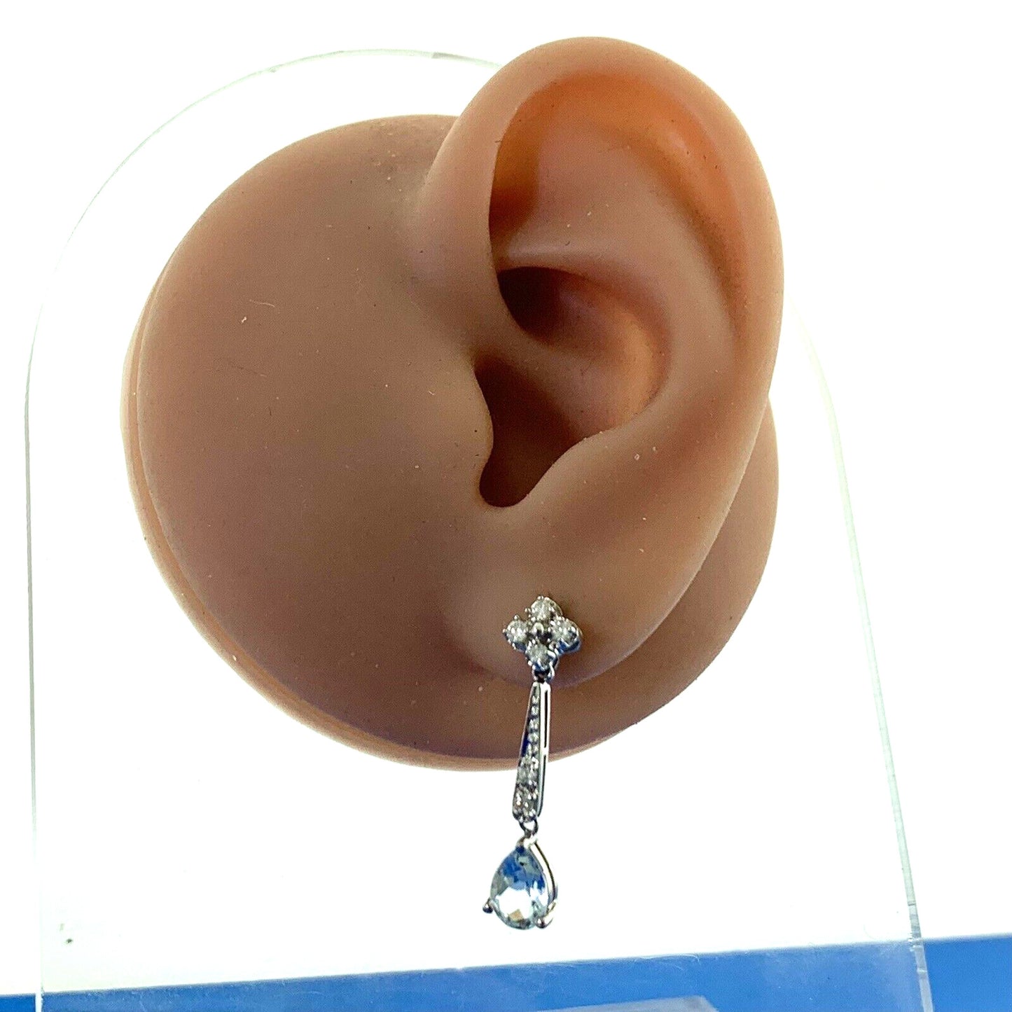 Designer Mexico 14K White Gold Pear Blue Topaz Diamond Accent Dangle Earrings