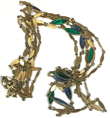 Vintage Gold Tone Blue Green Glass Bead Three Strand Graduated Drop Necklace