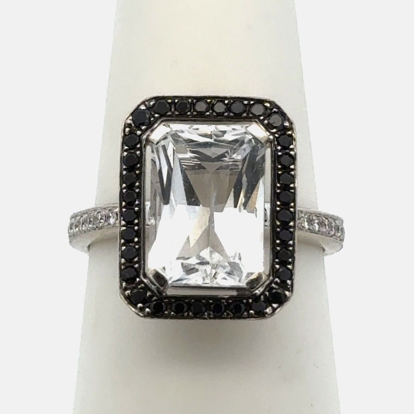 Designer 18K White Gold Emerald Cut White Topaz Black White Diamond Accent Ring