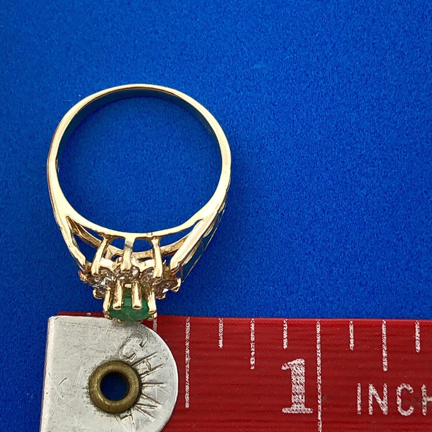 Modernist 14K Yellow Gold Emerald Diamond Halo Floral May Anniversary Ring